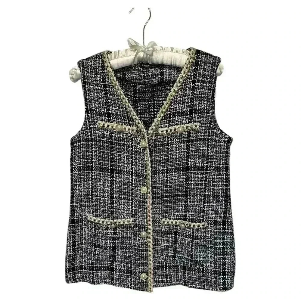 SHEIN Quiet Luxury Tweed Black White Gold Vest Designer Inspired, size 6